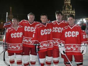 The Magic Five vlnr Vladimir Kroetov, ´Slava´ Fetisov, Igor Larionov, Alexei Kasatonov en Sergei Makarov